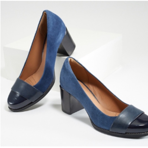 Clarks Tara Brae Navy Block Heel Pumps 